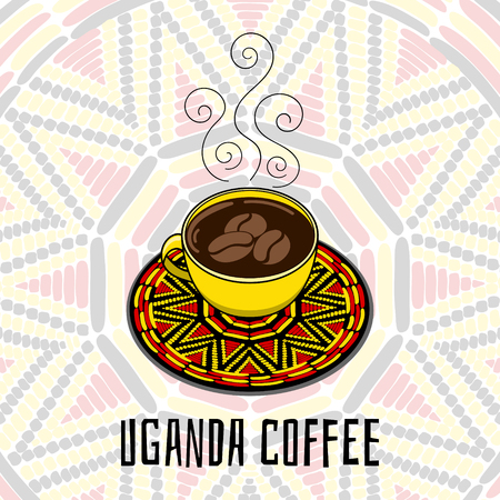 Uganda coffee vector illustration. Coffee cup with decorated plate. Ornamental sun background. Design for banner, flyer, poster or tourist drink and food design.のイラスト素材