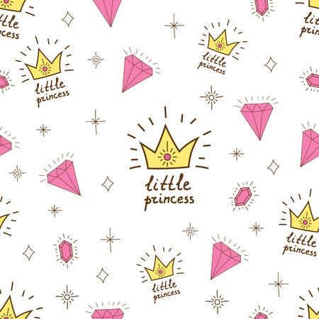 Hand drawn seamless vector pattern for little princess. Background for design, web site, textile, fabric, card and wrappinf paper. Girl print.のイラスト素材