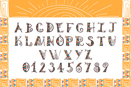 Tribal alphabet Ethnic font vector African or Aztec style letters Hand drawn tribal boho fontのイラスト素材