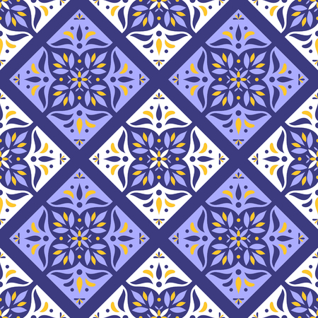 Portuguese tiles pattern with diagonal flowers ornamentsのイラスト素材
