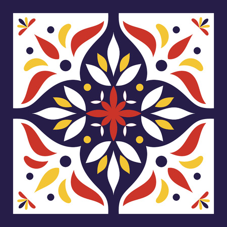 Blue, white, red and yellow tile vector. Spanish or portugal tiles pattern with flower ornaments.のイラスト素材