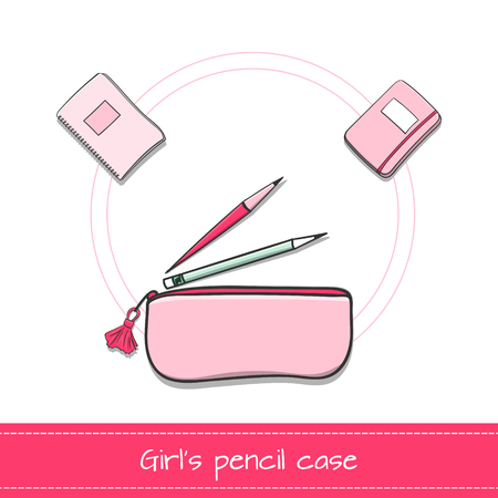 Girl pencil case icon vector. School illustration in girls pink color. Case with pencil, ink pen and notebooks.のイラスト素材
