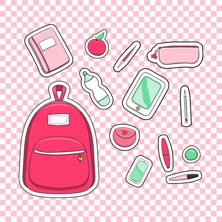 Fashion patches with girls school backpack, notebooks, electronic devices and beauty secrets. Set stickers vector for teenage or student girl isolated on white background.のイラスト素材