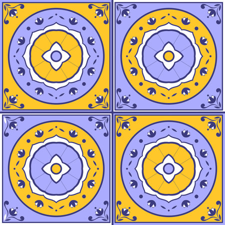Tile pattern vector seamless with white, blue and yellow colors. Azulejo portuguese tiles, spanish, moroccan, italian majolica or arabic tiles design. Tiled print for wrapping, background or ceramic.のイラスト素材