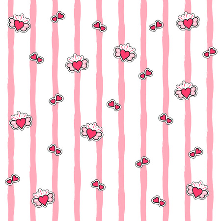 Pink heart pattern vector seamless. Fashion patches girl print on stripped rose background. Design for valentines day cards, teenage wallpaper, women fabric and female wrapping paper.のイラスト素材