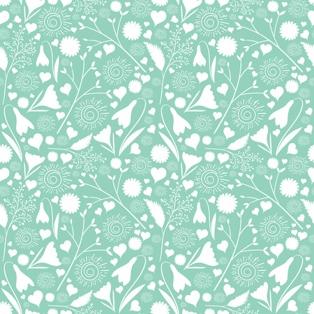 White flower pattern vector seamless on mint green background. Floral print for spring cards, girl female design, wedding invitation, save the date, baby or bridal shower.のイラスト素材