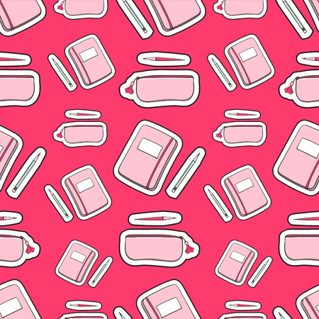 Patches fashion school girl pattern vector seamless with dairy; pencil case; pens and notebooks on bright pink background. Cute print for preschool; teen or student girls.のイラスト素材