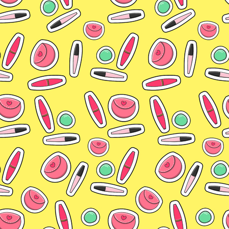 Fashion patches beauty pattern vector seamless. Makeup print with lip gloss, powder box lash mascara and beauty case. Female background for cosmetic product wallpaper or wrapping paper package.のイラスト素材