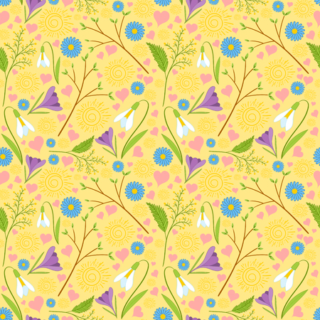 Sunny spring pattern vector seamless. Scrapbook background. Fresh springtime pattern with flowers, sun, branch with buds and hearts.のイラスト素材