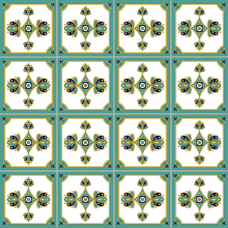 Traditional seamless mexican tiles pattern. White, green, yellow and blue azulejo pattern design vector.のイラスト素材