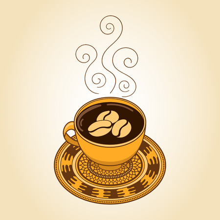 Ethnic style coffee cup poster with curve smoke and beans. Coffee time boho concept stylized vector illustrationのイラスト素材