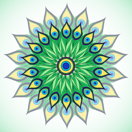 Peacock feathers round bright mandala vector. Oriental ornament. Indian design background. For label, emblem, decorative elements for yoga studio, massage, beauty or beauty spa salon.のイラスト素材