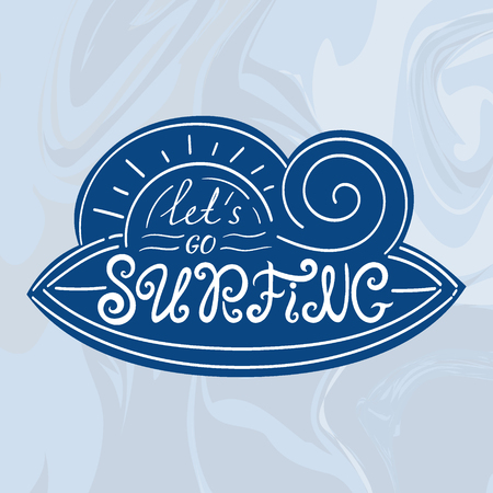 Surf poster design print isolated. Unique typography background in blue marble wave style for sport illustration, logo, shop banner or surfing school flyers.のイラスト素材