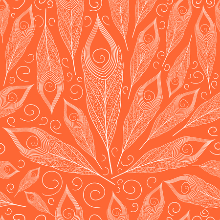 Feather pattern seamless pattern. Background with decoration bird ornament in bright autumn orange color.のイラスト素材