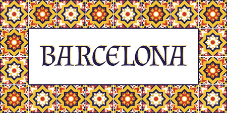 Barcelona travel banner vector. Bright flowers tourism typography design with tiles pattern frame.のイラスト素材