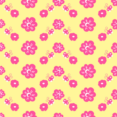 Bright print with flower and butterfly. Sweet girl background for template birthday card, baby shower invitation, girls wallpaper, clothing or dress fabric.のイラスト素材
