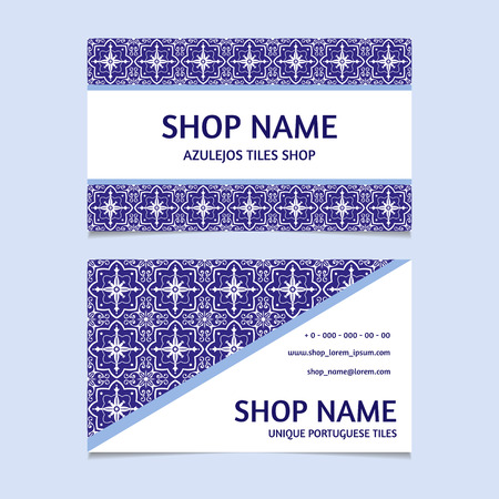 Tiles shop identity template design. Visiting card with mosaic ornament for Portugal azulejos store.のイラスト素材