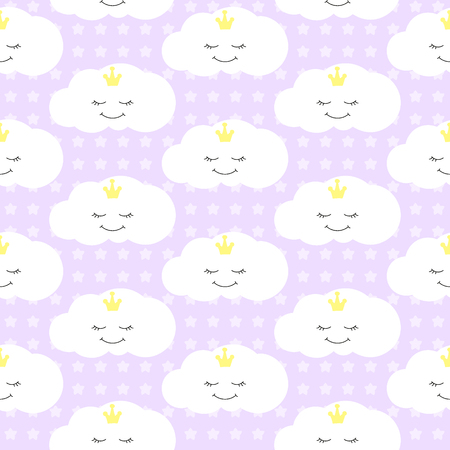Cute baby cloud pattern vector seamless. Girl print with eyelash clouds with crown, hearts and stars. Background for girl birthday card, dress fabric, baby shower invitation template.のイラスト素材