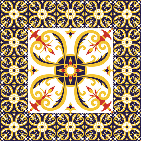 Tiles floor pattern vector with ceramic tiles. Big tile in center is framed in small. Background with portuguese azulejo, mexican talavera, moorish spanish or gold italian majolica motifs.のイラスト素材