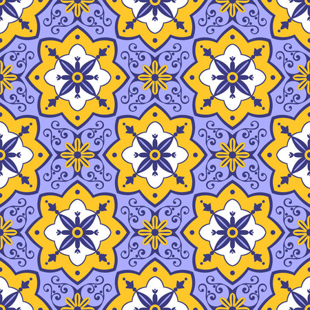 Portuguese tiles pattern vector with diagonal blue, yellow and white ornaments. Portugal azulejo, mexican, spanish or moroccan motifs. Background for wallpaper, surface texture, wrapping or fabric.のイラスト素材