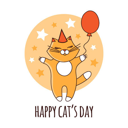 Happy Cat Day illustration vector. Orange cute cartoon kitten with hug, festive mood and balloon. Print for baby t-shirt, pet birthday invitation, poster, wallpaper, banner or card.のイラスト素材