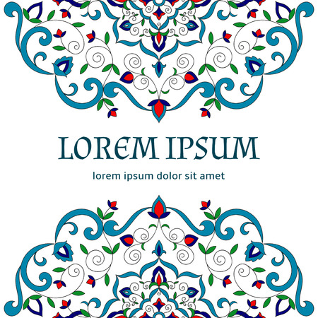 Floral background vector template. Turkish ornament pattern with arabesque flowers motif. Vintage design for greeting card, turkish delight label, save the date, wedding invitation, spa beauty flyer.のイラスト素材