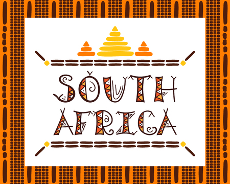 South Africa travel vector banner. Tribal african illustration. Tourist typography background design for souvenir card, sticker, label, magnet, postcard, stamp, fashion t-shirt print or poster.のイラスト素材