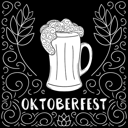 Oktoberfest background vector for bar, pub or party. Beer mug with froth, malt and hop in sketch vintage blackboard style. German festive illustration.のイラスト素材