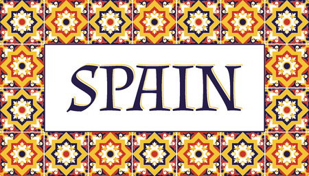 Spain travel banner vector. Tourism typography design with tiles pattern frame.のイラスト素材