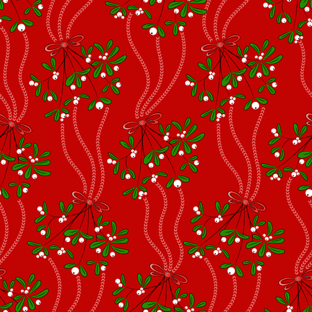 Vintage seamless christmas pattern vector for wrapping paper. Red season background with mistletoe and garland. Ornament holiday winter new year present print for gift boxes. greeting cards and tags.のイラスト素材
