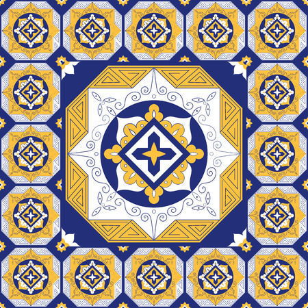Tiles floor pattern vector with ceramic cement tiles. Big tile in center is framed in small.のイラスト素材