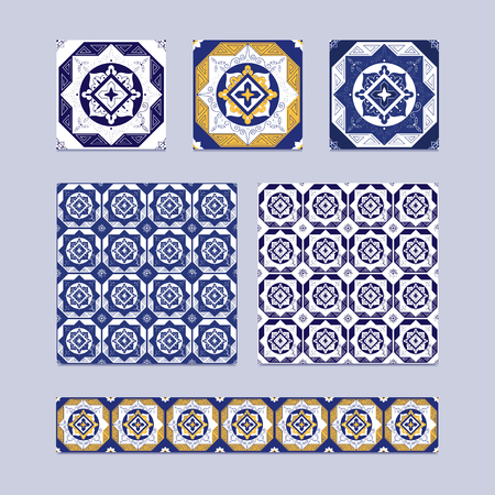 Set of ceramic tiles tiled and border design blue, white, and yellow colors vector illustrationのイラスト素材