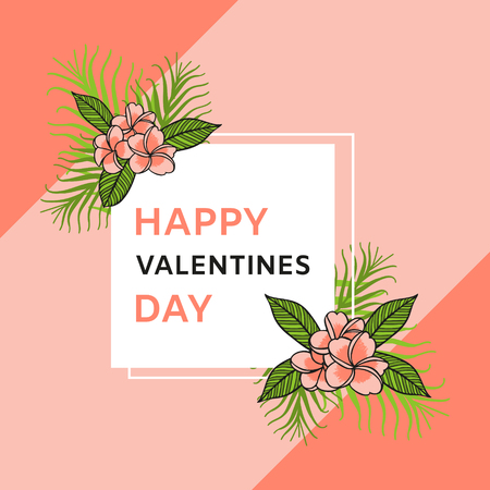 Happy Valentines day print template vector for cards and banner. Female background with floral pattern. Flowers holiday design for tropical spa party flyer, tag, label or invitation.のイラスト素材