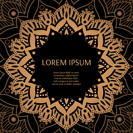 Gold black pattern frame. Luxury background design vector. Oriental indian mandala ornament for fashion print, art deco wedding, beauty salon concepts, royal holiday party cards.のイラスト素材