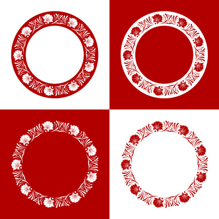 Set of russian ornament pattern frames vector. Traditional flower embroidery round border elements. Design for emblem, logo, label, badge, photo album and folk souvenir. のイラスト素材