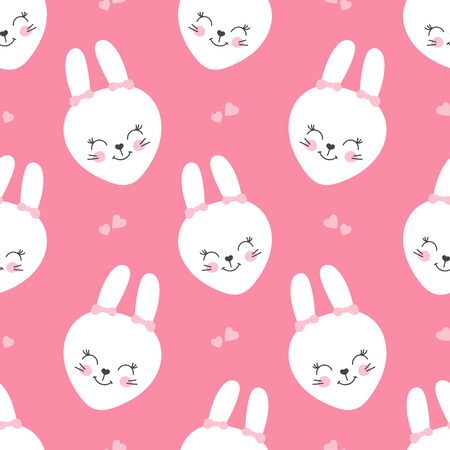 Cute baby pattern with little bunny. Cartoon animal girl print vector seamless. Sweet pink background with white rabbit faces and hearts for children fabric, home textile, nursery or birthday party.のイラスト素材