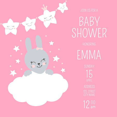 Cute baby shower girl invite card vector template. Pink design illustration with little cartoon bunny and princess star garland. Kids newborn poster or birthday party invitation background.のイラスト素材