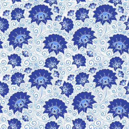 Russian floral pattern seamless vector. Gzhel style traditional folk flower background.のイラスト素材