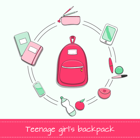 Teenage girlâs backpack with school supplies â notebooks, pencil case, e book, phone, wallet, healthy food and beauty secrets.のイラスト素材
