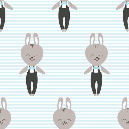 Cute baby pattern with little bunny. Cartoon animal boy print vector seamless. Background with rabbit in bowtie and pants with suspenders for children fabric, nursery or kids birthday party.のイラスト素材