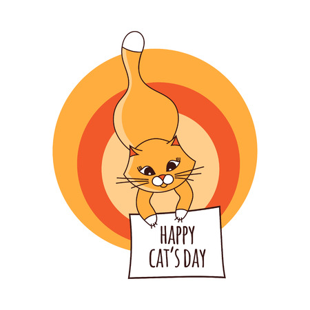 Happy Cat Day illustration vector. Sunny cute cartoon kitten character. Print for greeting card, pet birthday invitation, poster, baby t-shirt, wallpaper or banner.のイラスト素材