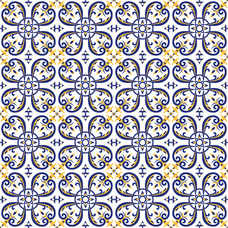 Mexican tiles pattern vector with blue, yellow and white ornaments. Portuguese azulejos, talavera, italian majolica or spanish motifs. Flooring print for ceramic wall or tablecloth fabric design.のイラスト素材