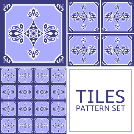 Set of 3 tile pattern vector seamless. Azulejo portuguese tiles, spanish, arabic, delft dutch or mexican talavera design. White and blue tiled print for wrapping, background or ceramic.のイラスト素材