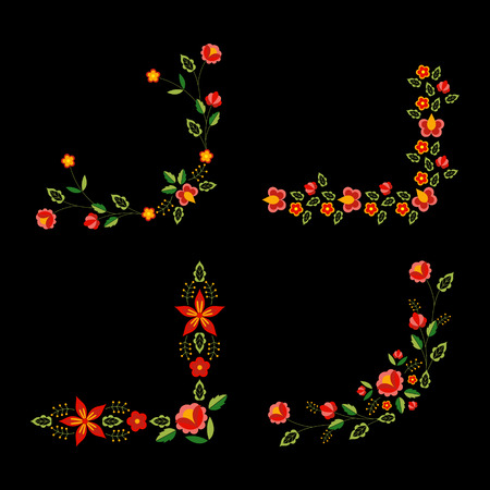 Polish folk pattern vector. Floral ethnic ornament. Slavic eastern european print. Frame corners flower design for bohemian pillow case, boho cards, gypsy embroidery, tablecloth and napkin textile.のイラスト素材