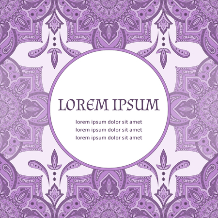 Floral indian paisley pattern vector frame. Purple arabesque flower ethnic ornament design for india luxury wedding, ramadan greeting, moroccan spa, save the date, bridal shower, anniversary, holiday.のイラスト素材