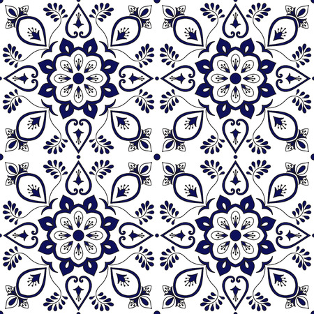 Portuguese tile pattern vector seamless with blue and white ornaments. Spanish azulejo, mexican talavera puebla, italian majolica or delft dutch. Tiled background for wallpaper, ceramic or fabric.のイラスト素材
