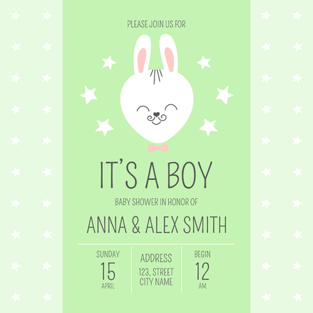 Cute baby shower boy invite card vector template. Cartoon animal illustration. Funny design with little bunny in bowtie and stars background. Green kids newborn banner or birthday party invitation.のイラスト素材