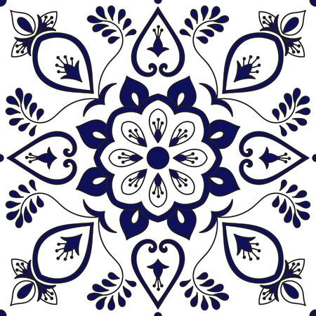 Tile ornaments pattern vector with blue and white floral motifs. Portugal azulejo, delft dutch, mexican talavera, spanish or italian majolica print for wallpaper, bathroom wall or kitchen flooring.のイラスト素材