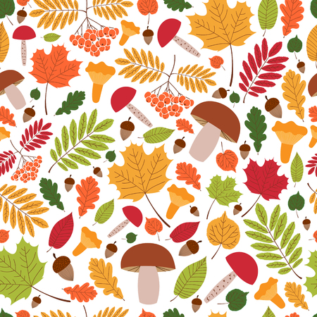 Seamless autumn pattern vector with leaves, oaks, rowan berries and mushrooms. Print for fabric, child illustration, seasonal greeting card and banner, wrapping paper.のイラスト素材