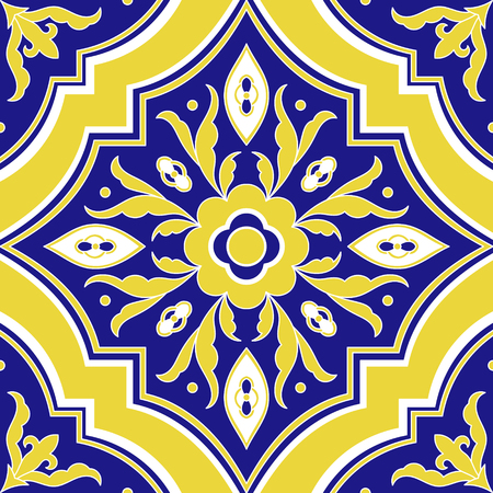 Portuguese tile pattern vector seamless with flower ornaments. Portugal azulejo, mexican talavera, spanish or italian majolica motif. Tiled texture for ceramic kitchen wall or bathroom mosaic floor.のイラスト素材